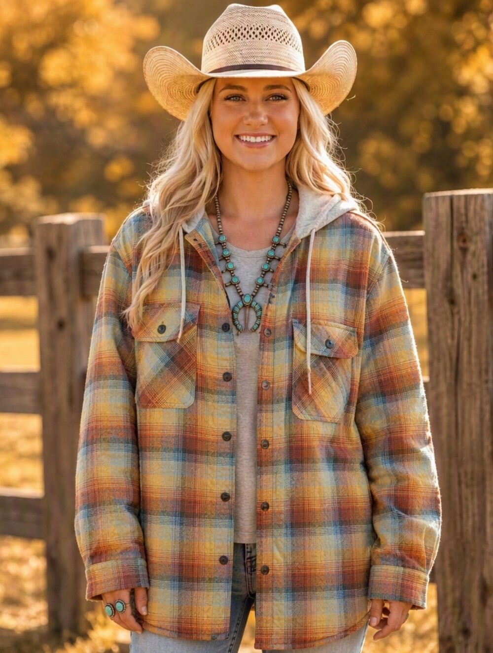 Wrangler Autumn Trails Plaid Quilted Hooded Shacket in Rust, Blue & Cream